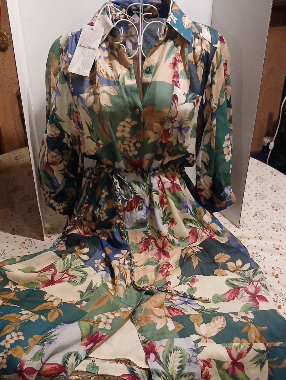 Tommy Bahama Green, Blue, Cream Floral Button-Front Midi Dress